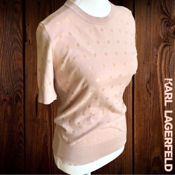 Karl Lagerfeld Blush Pink Short Sleeve Top w/ 💐 embroidered on back - Picture 5 of 9
